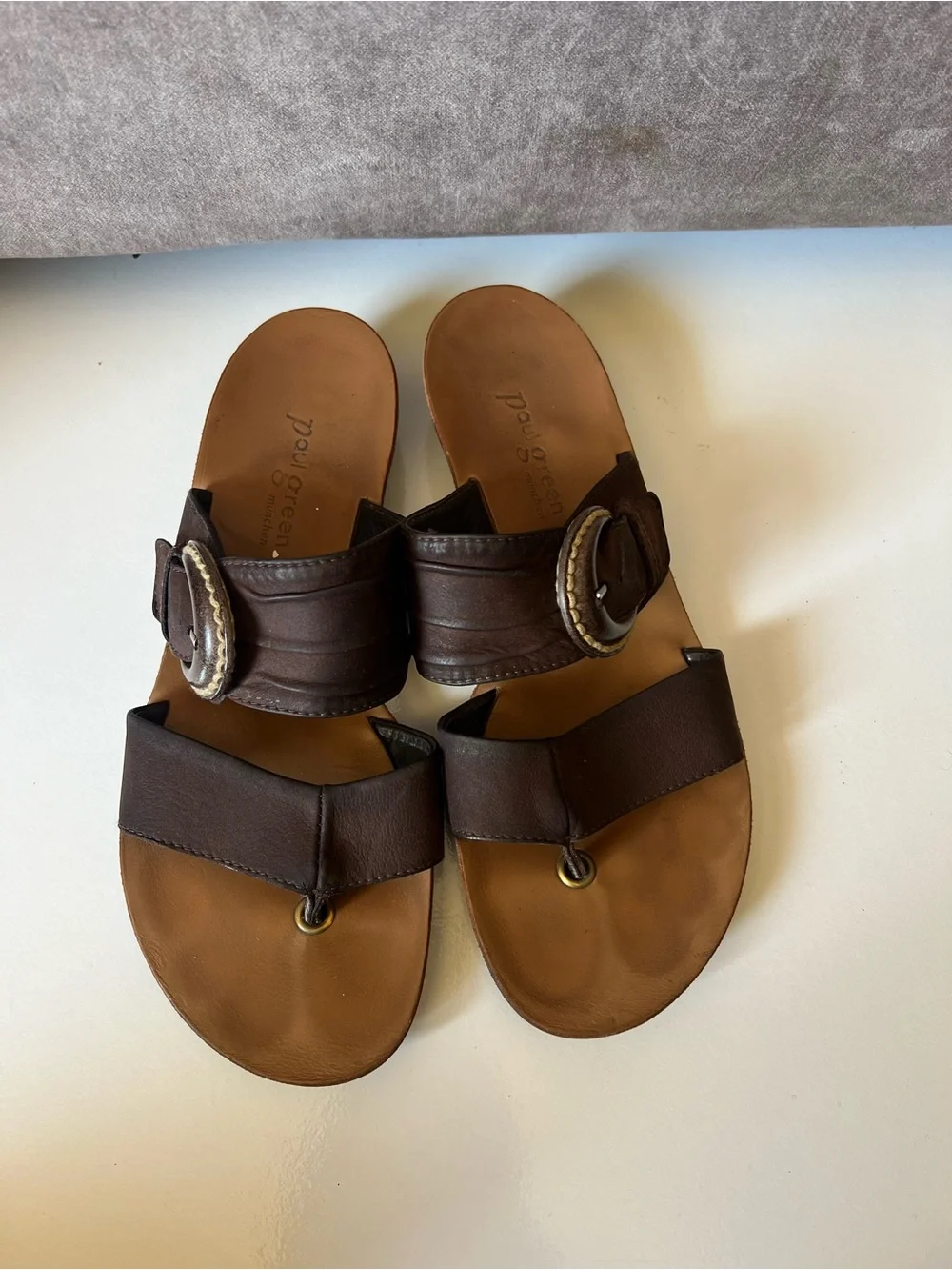 Paul Green Brown Leather Slide Sandals with Buckle